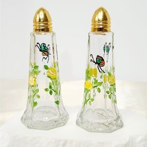 Hand Painted Glass Salt & Pepper Shakers Butterfly & Flower Design Artist Signed
